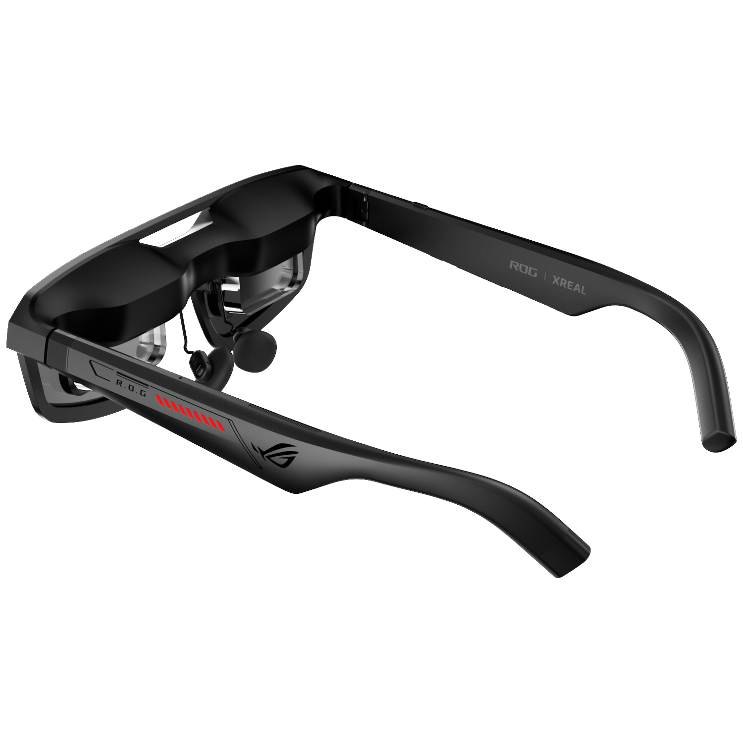 Black AR glasses with ROG and XREAL branding. Red accents on the left arm.