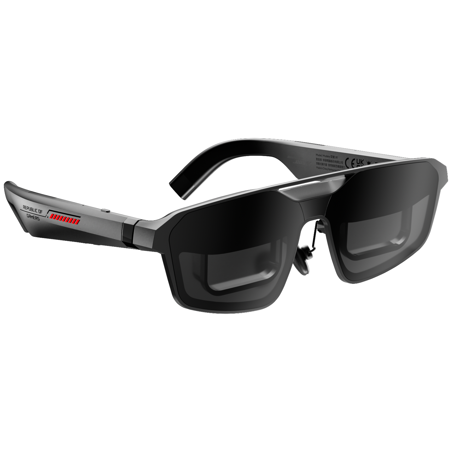 Black gaming glasses with ROG logo and red lights.