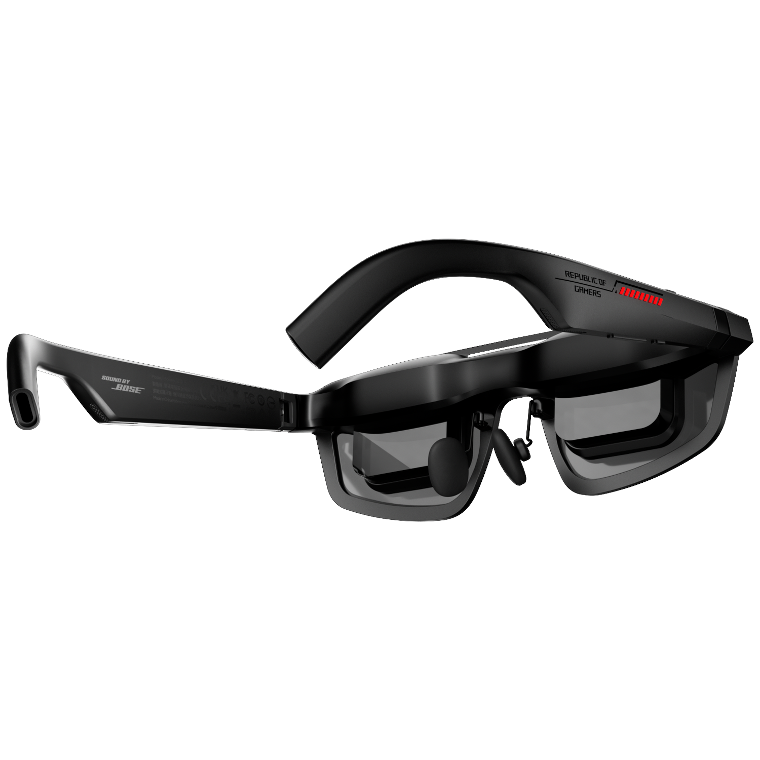 Black AR glasses with red LED lights and 'Republic of Gamers' logo.