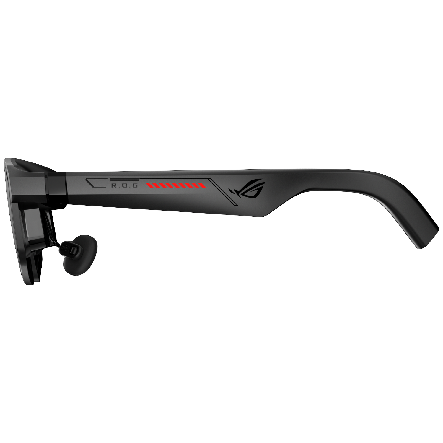 Black gaming glasses with ROG logo and red accents.