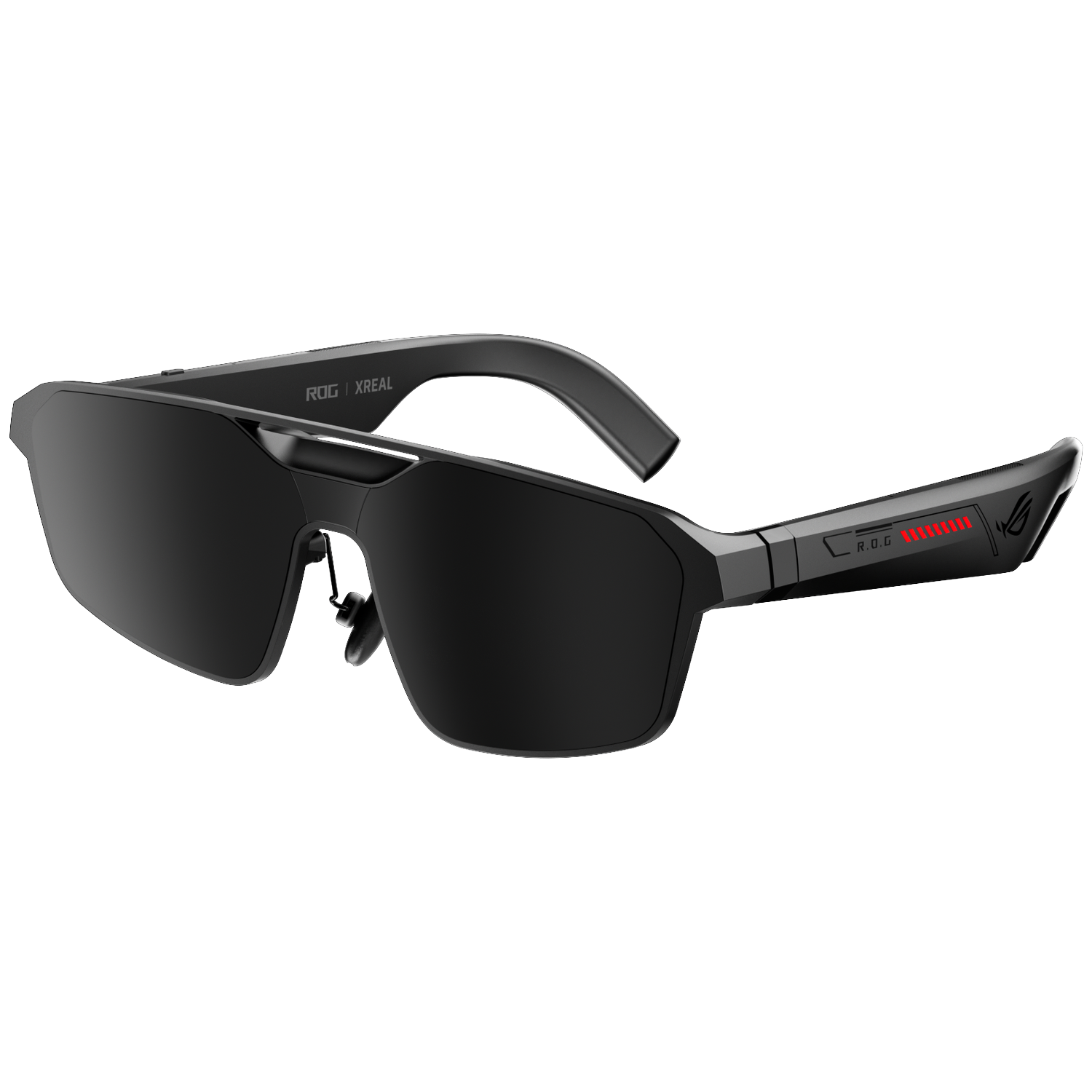 Black glasses with dark lenses and red accents.