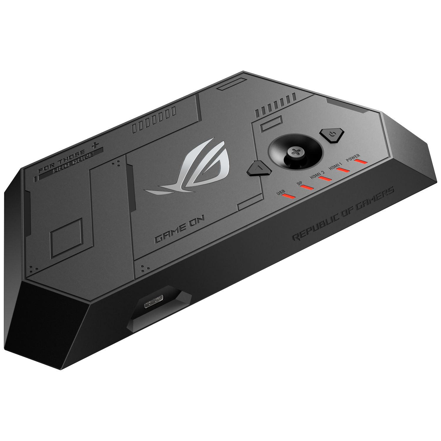 Black ROG device with glowing red indicators for USB, DP, HDMI 1, HDMI 2, and Power.