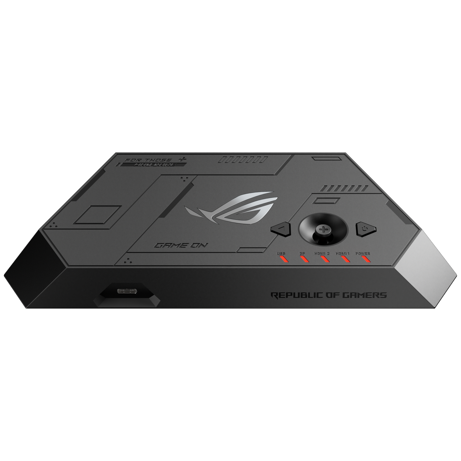Black gaming device with ROG logo, ports, and red LED indicators.