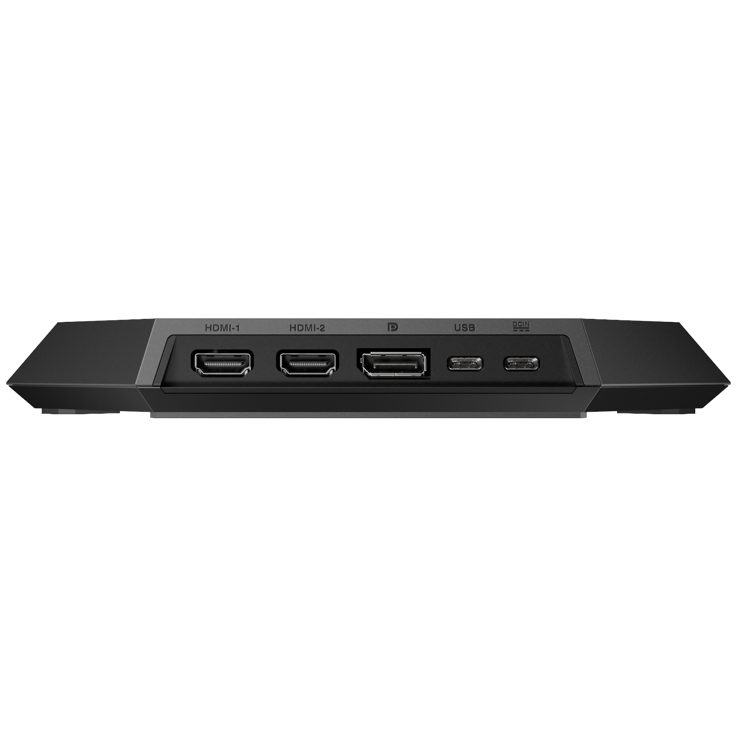 Back view of a black device showing ports: HDMI 1, HDMI 2, USB, DCIN.