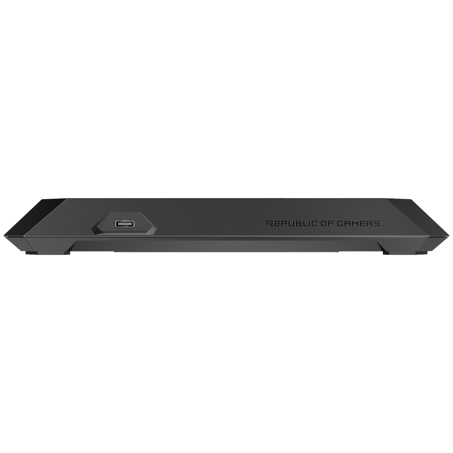 Black, flat ROG device with USB-C port and "Republic of Gamers" text.
