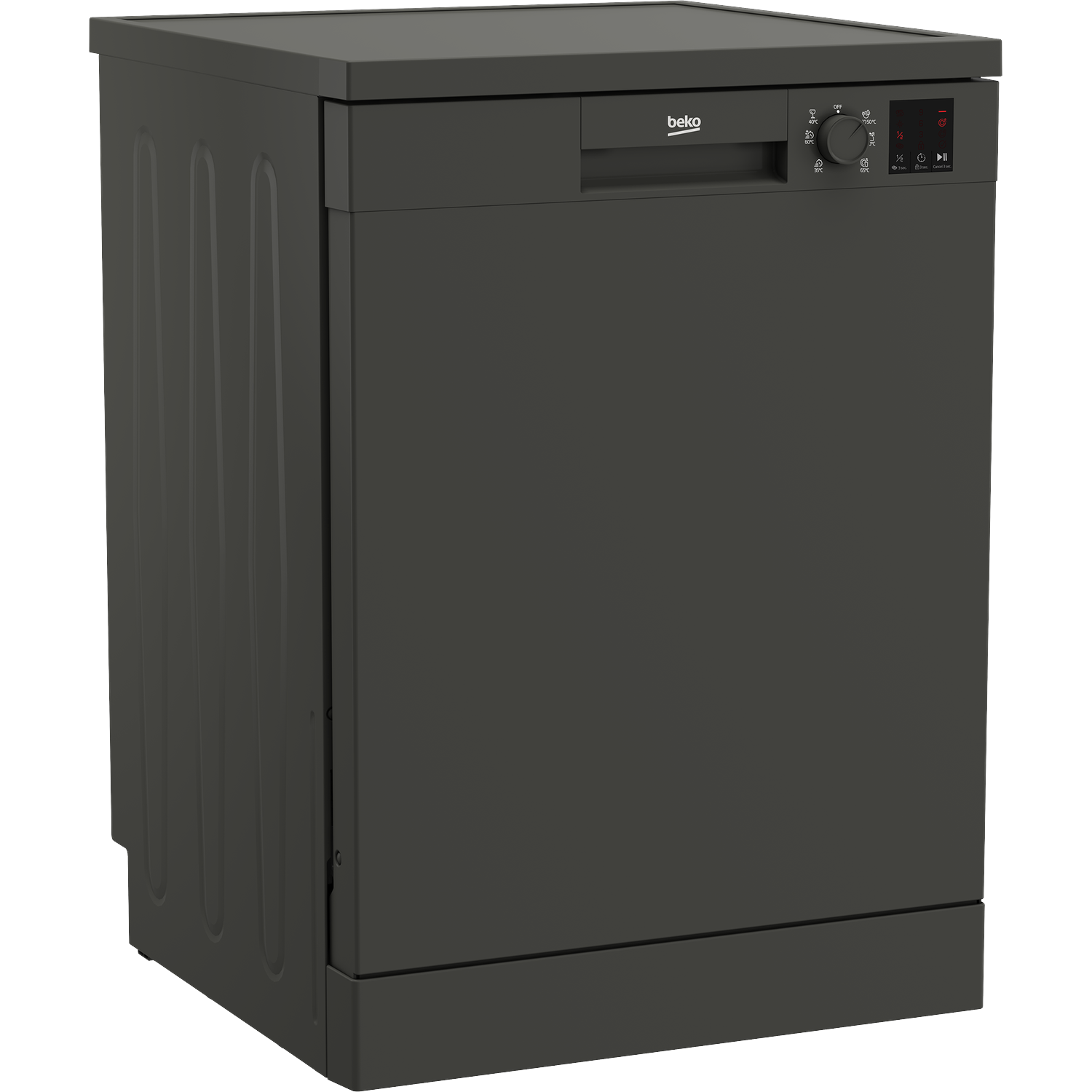 A dark Beko dishwasher with a digital display and control panel.