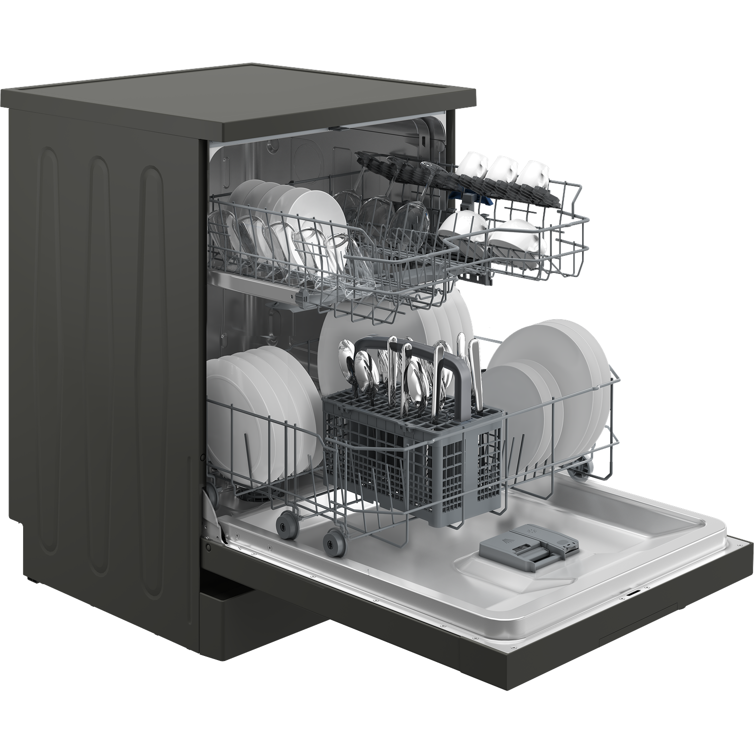 An open dishwasher with racks of dishes and cutlery inside.