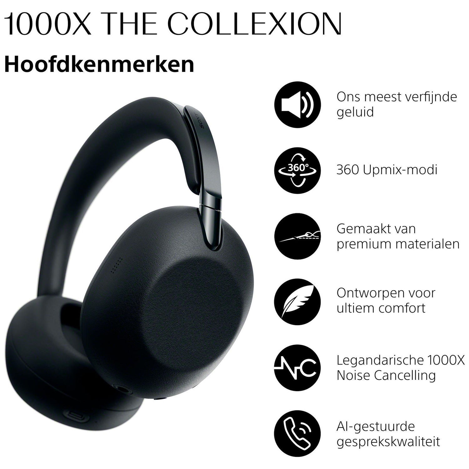 Black headphones with text detailing features like noise cancellation.