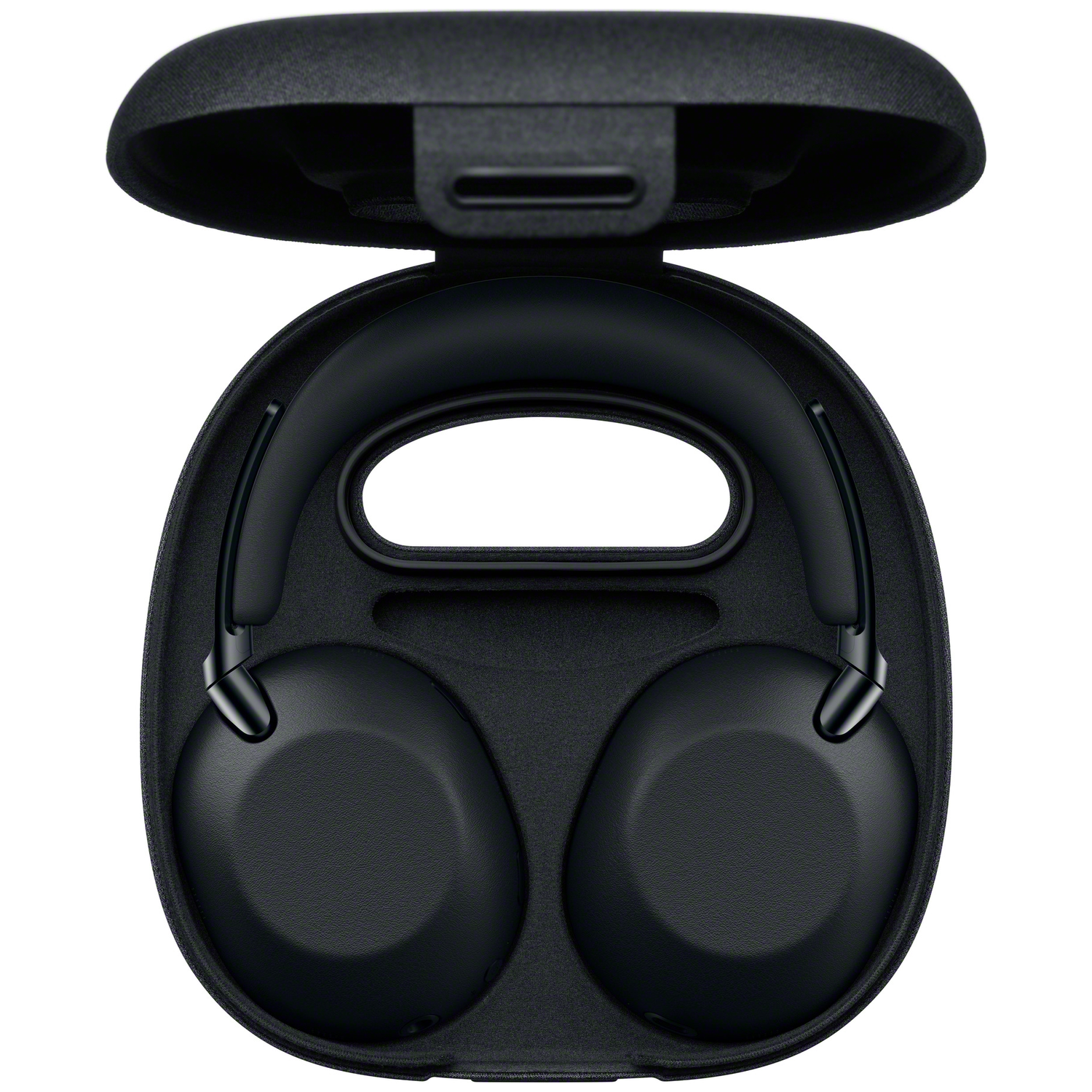 Black headphones inside an open black case on a white background.