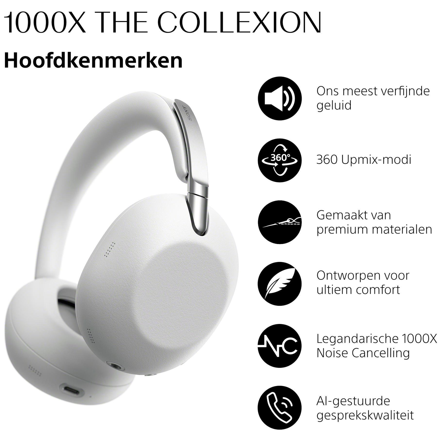 White headphones with icons and text detailing features like noise cancellation.