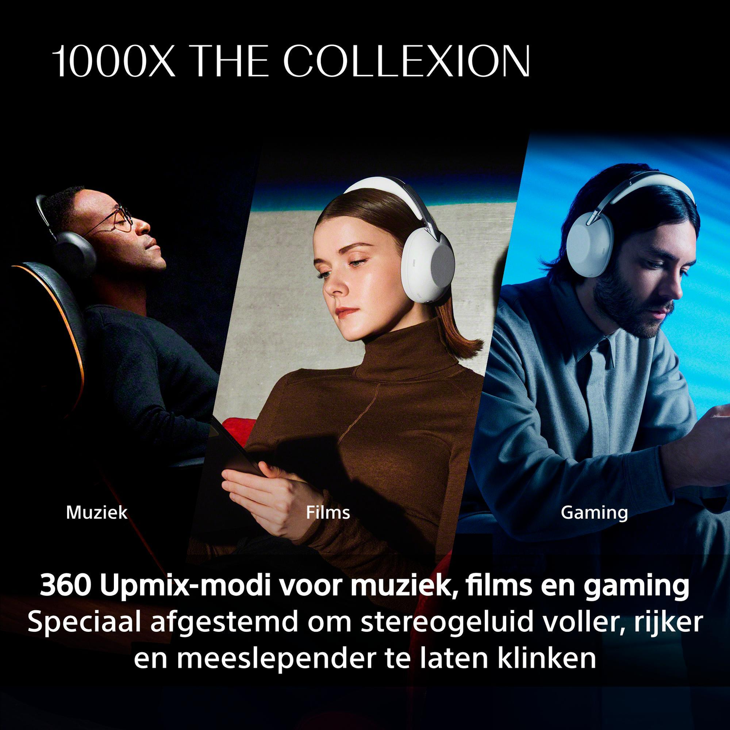 Three people wearing headphones: music, films, gaming.