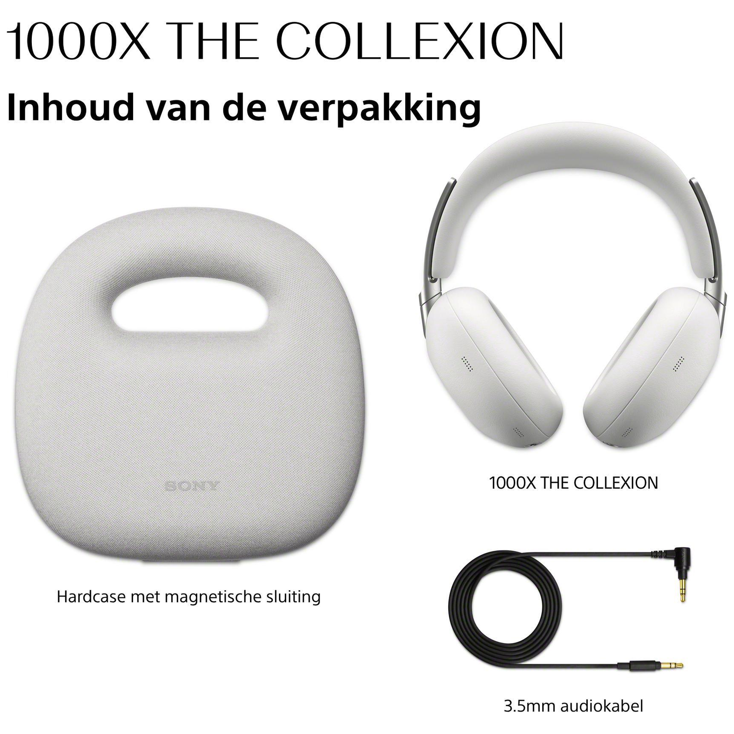 White headphones, a hardcase, and a 3.5mm audio cable.