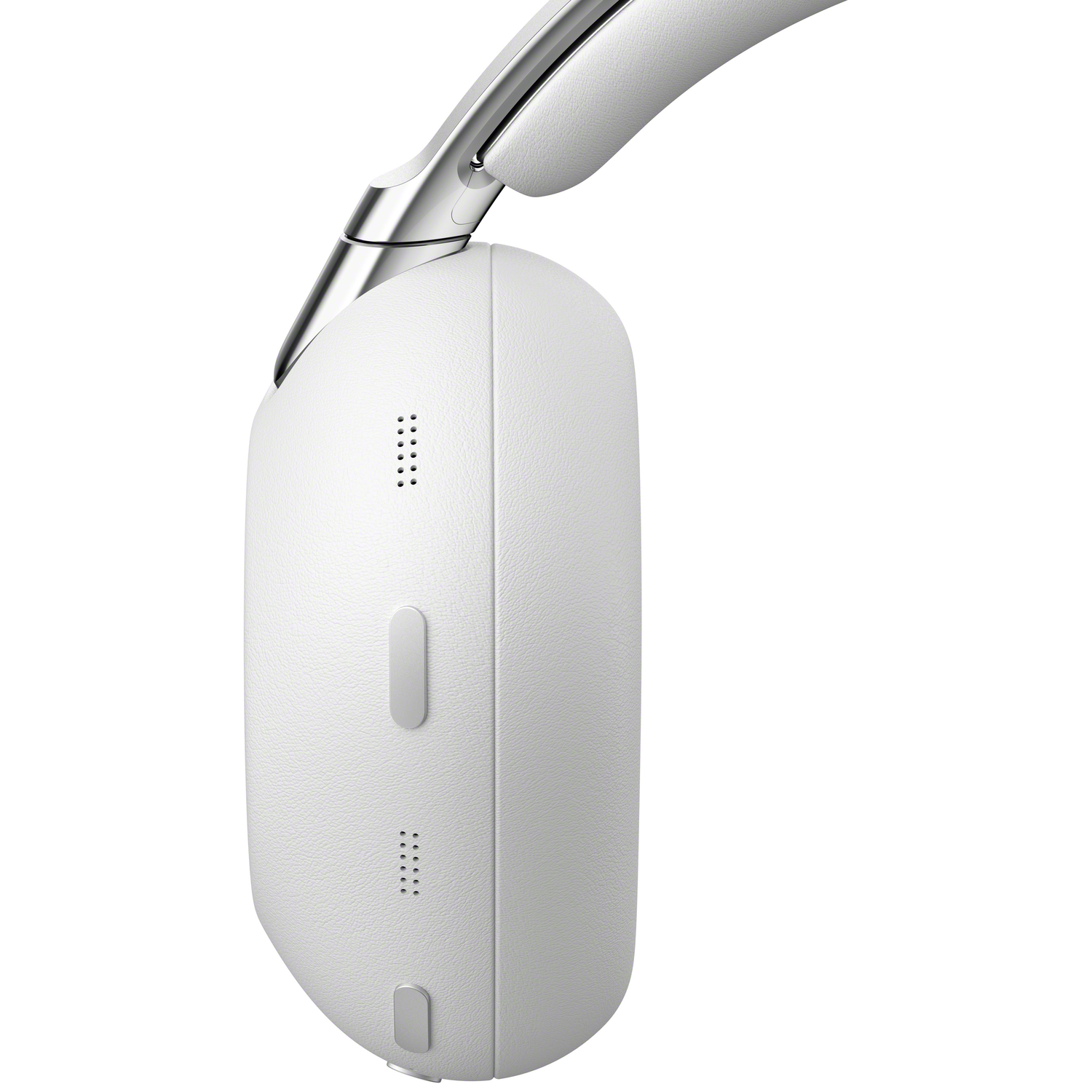 White headphones with silver accents and controls, shown from the side.