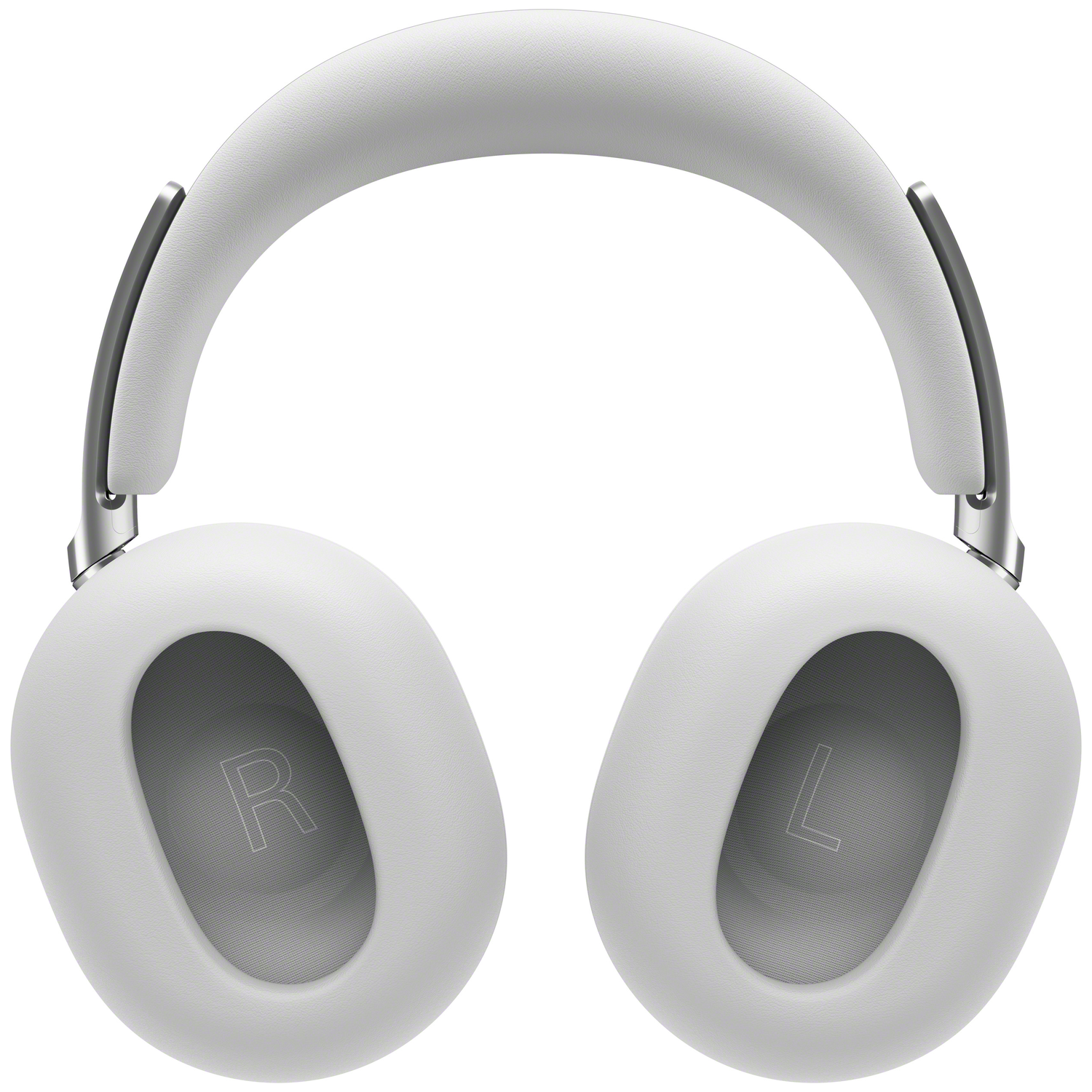 White over-ear headphones with silver accents and L/R markings.