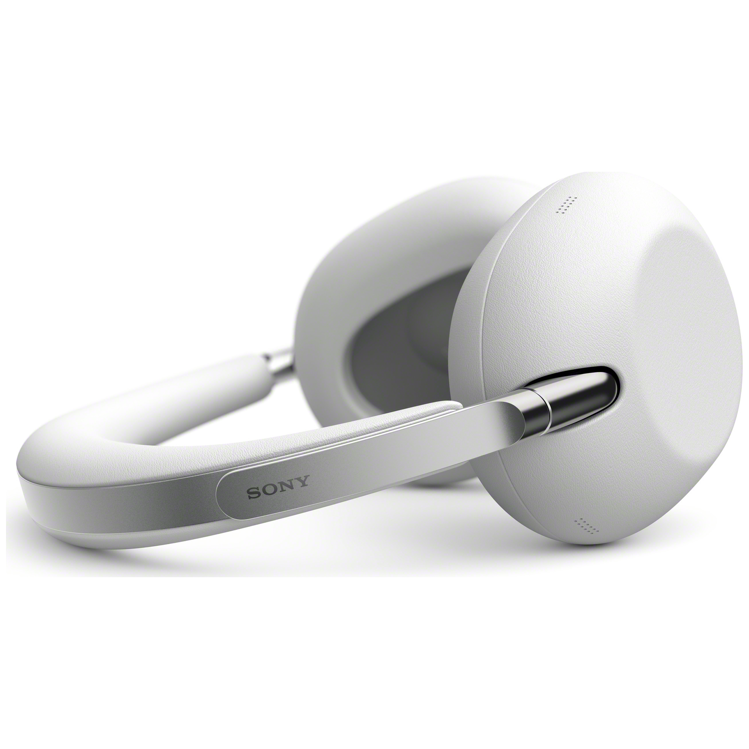 White Sony headphones with silver accents on a white background.