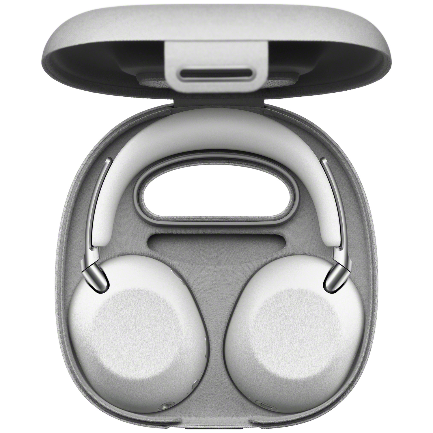 White over-ear headphones in a grey oval charging case. The lid is open.