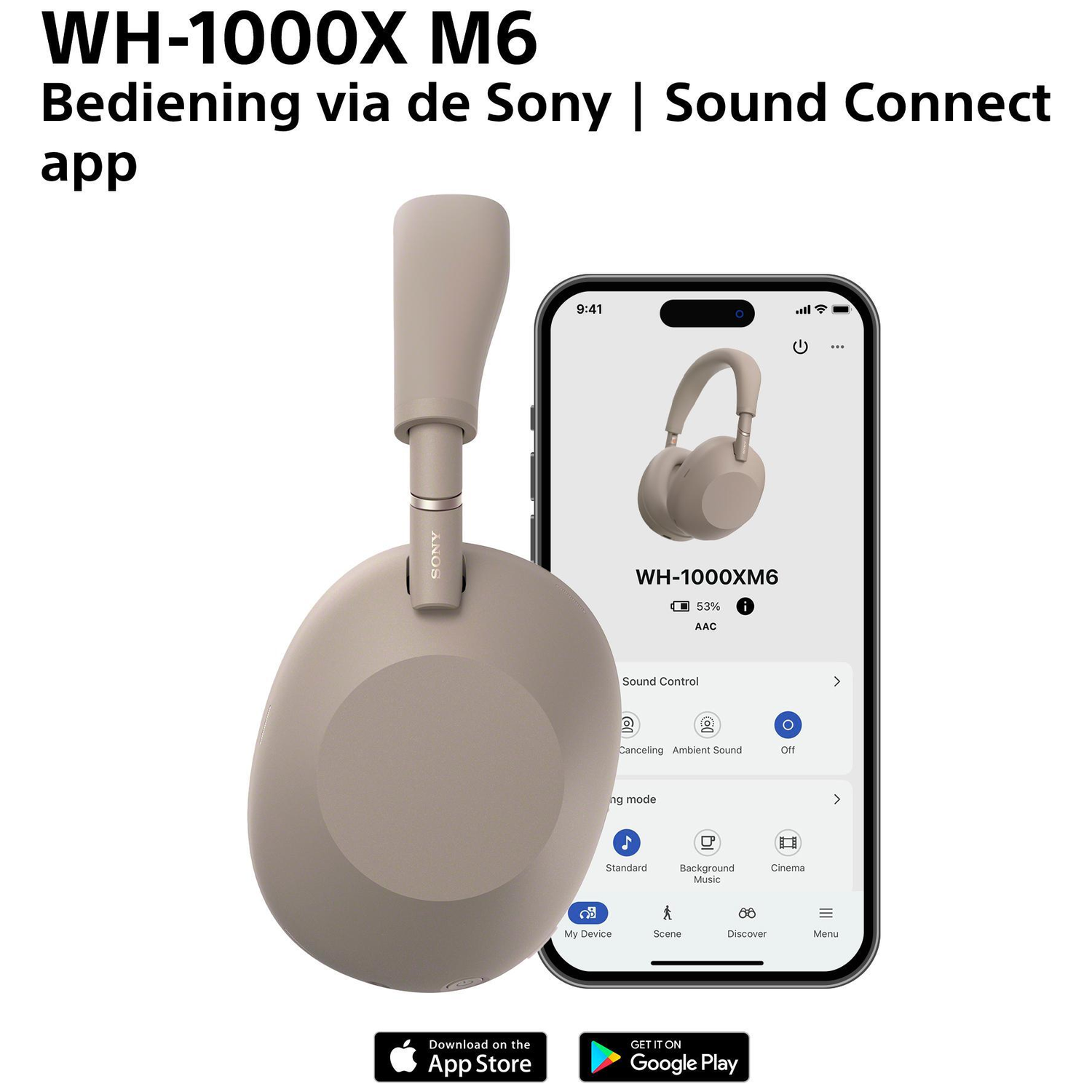 A beige Sony headphone and a smartphone app are displayed.