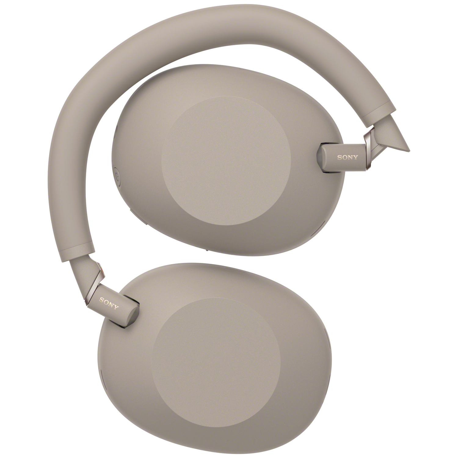 Gray Sony headphones with a curved headband and gold accents, on a white background.