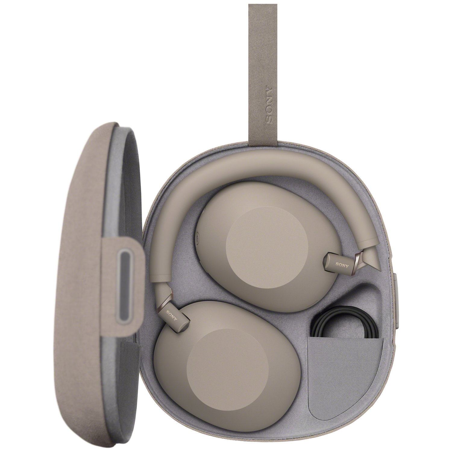 Beige Sony headphones in an open gray case with a black charging cable.
