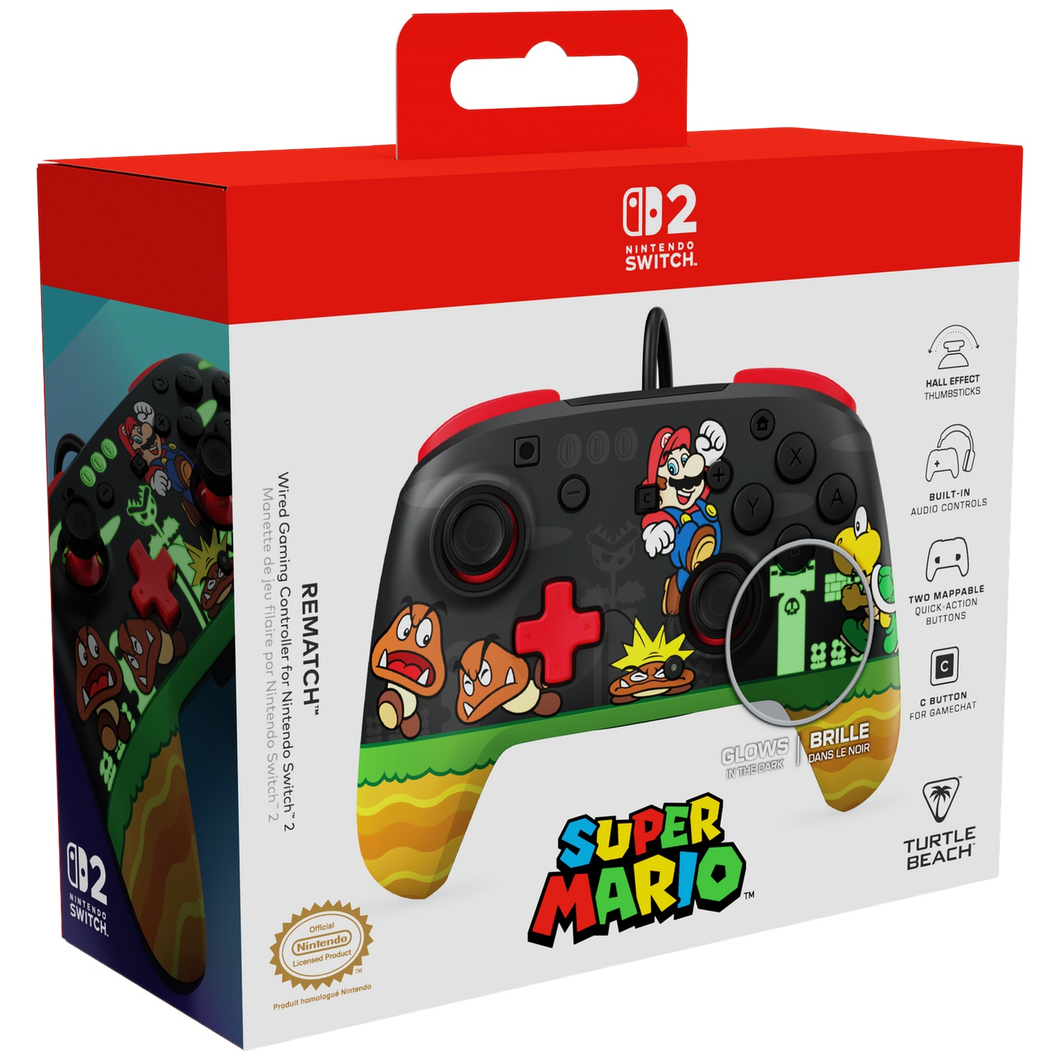 Boîte d'une manette filaire Nintendo Switch sur le thème Super Mario avec Mario et Goombas.