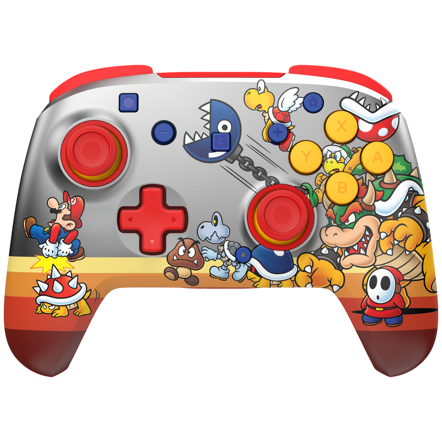 Manette grise avec personnages Super Mario, dont Bowser, Mario et Koopa Troopa.