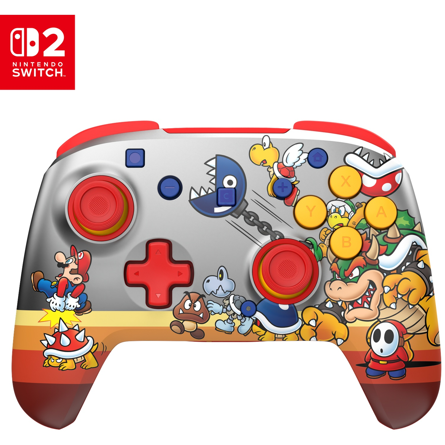 Manette Nintendo Switch avec des personnages Mario comme Bowser, Goomba et Shy Guy.