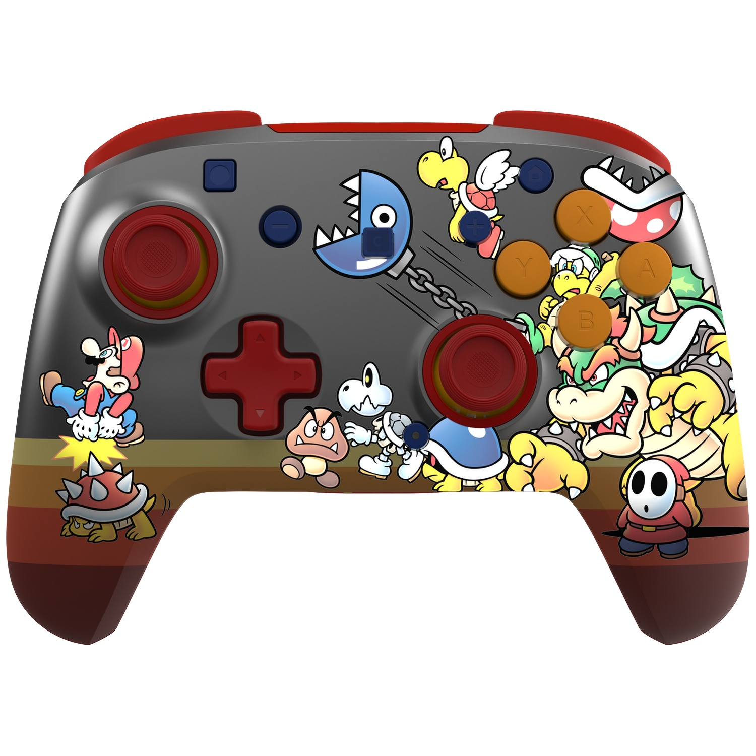 Manette grise avec des personnages de Mario : Bowser, Goomba, Koopa, Shy Guy.