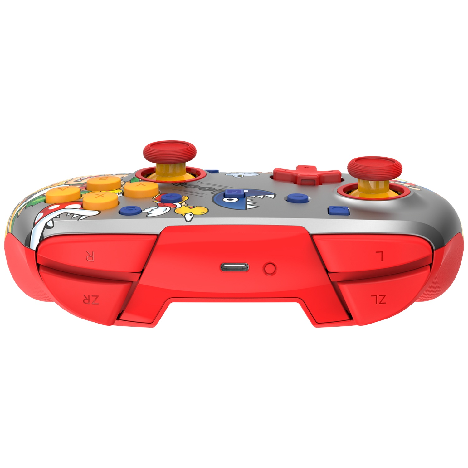 Une manette Nintendo Switch Pro rouge avec des personnages de Mario, vue de face.