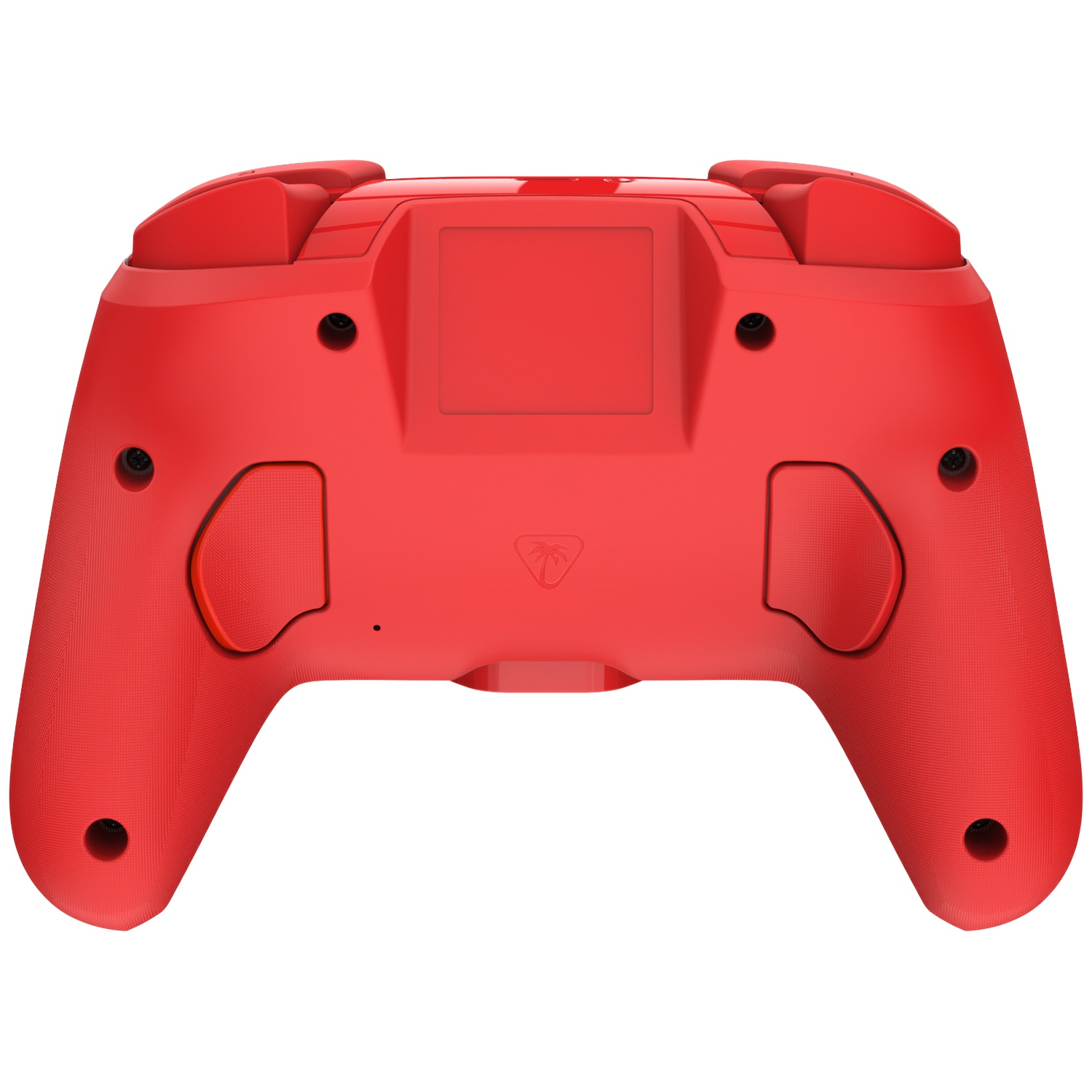 Manette de jeu rouge avec poignées et boutons sur fond blanc.