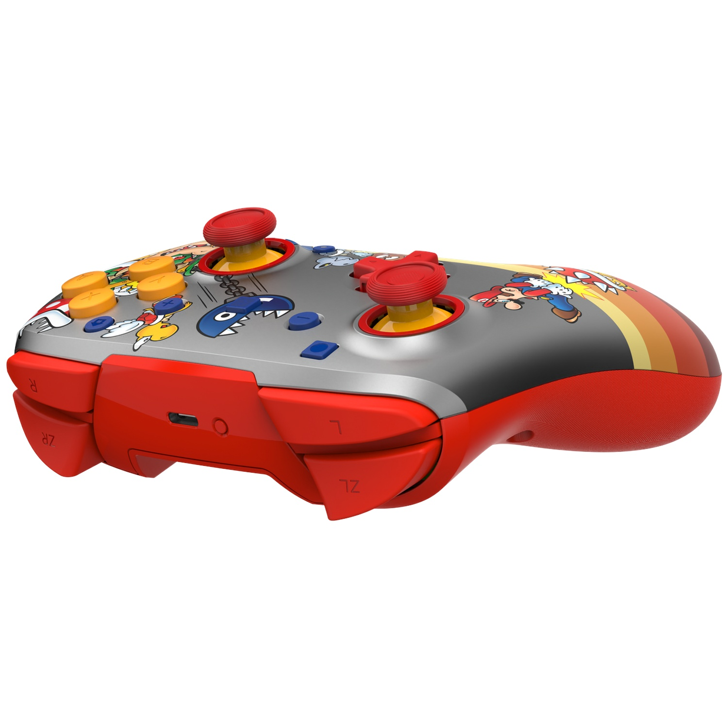 Une manette rouge et grise avec des graphismes de Mario, vue de côté.
