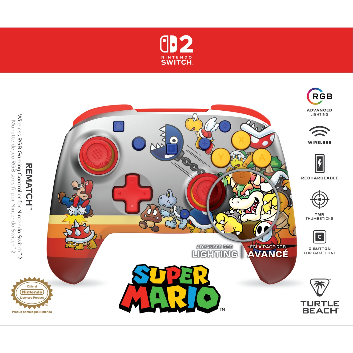 Manette "Super Mario" Nintendo Switch avec éclairage RGB, personnages et logo.