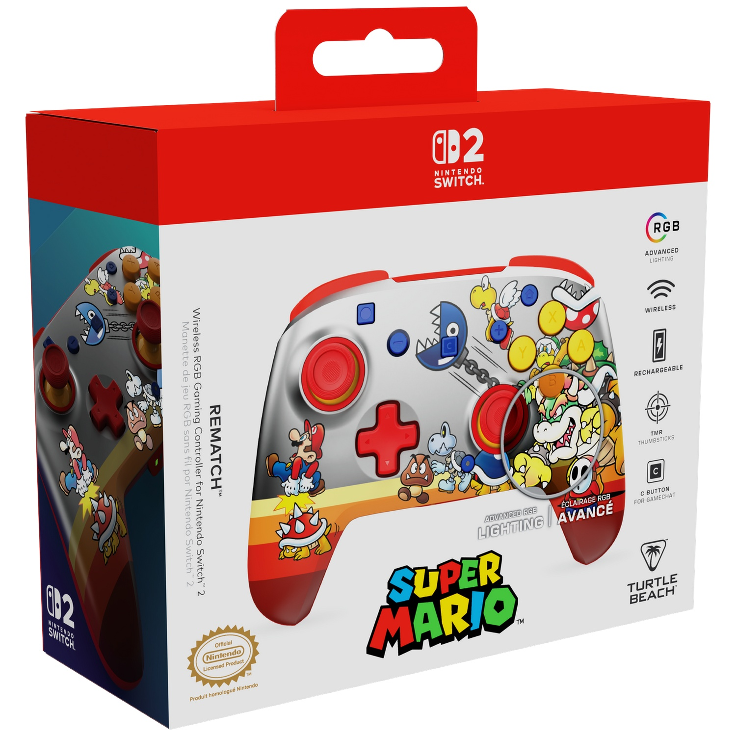 Boîte de manette Nintendo Switch avec design et personnages Super Mario.
