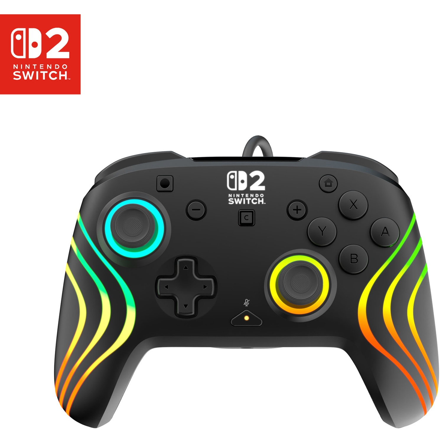 Manette noire Nintendo Switch avec rayures néon colorées et anneaux lumineux.