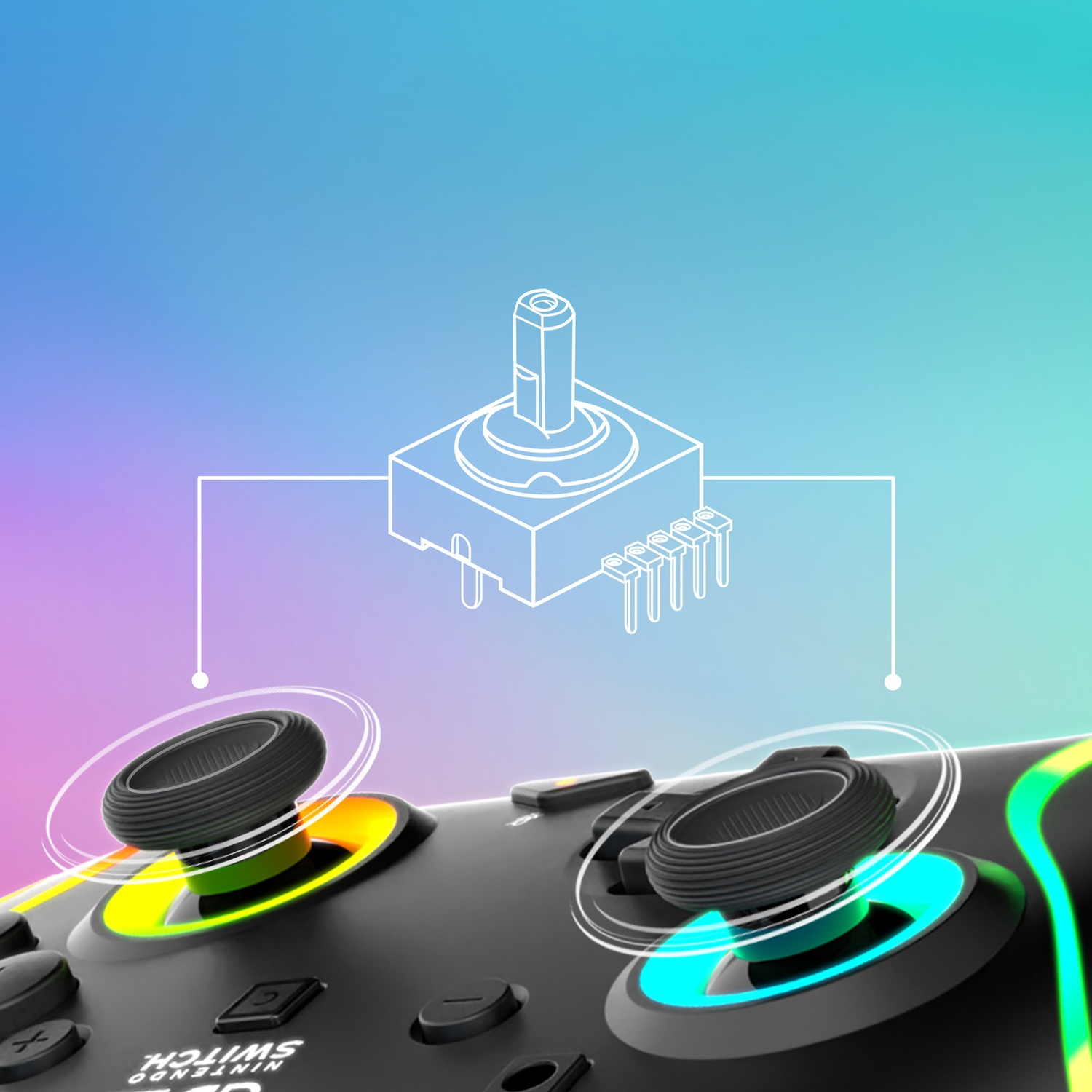 Une manette Nintendo Switch avec des anneaux lumineux autour de ses joysticks.