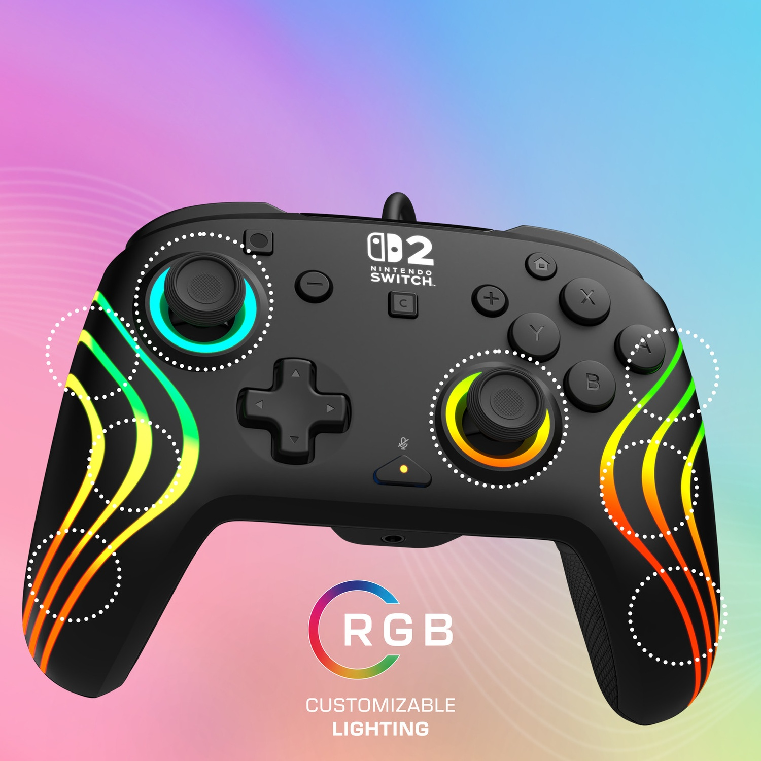 Manette noire Nintendo Switch avec effets lumineux RVB et texte "RGB CUSTOMIZABLE LIGHTING".