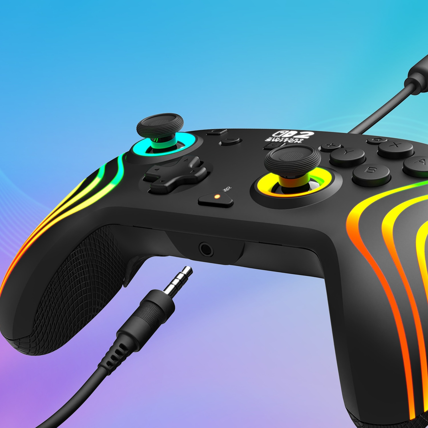 Une manette de jeu noire avec des lumières LED colorées, connectée par un câble.