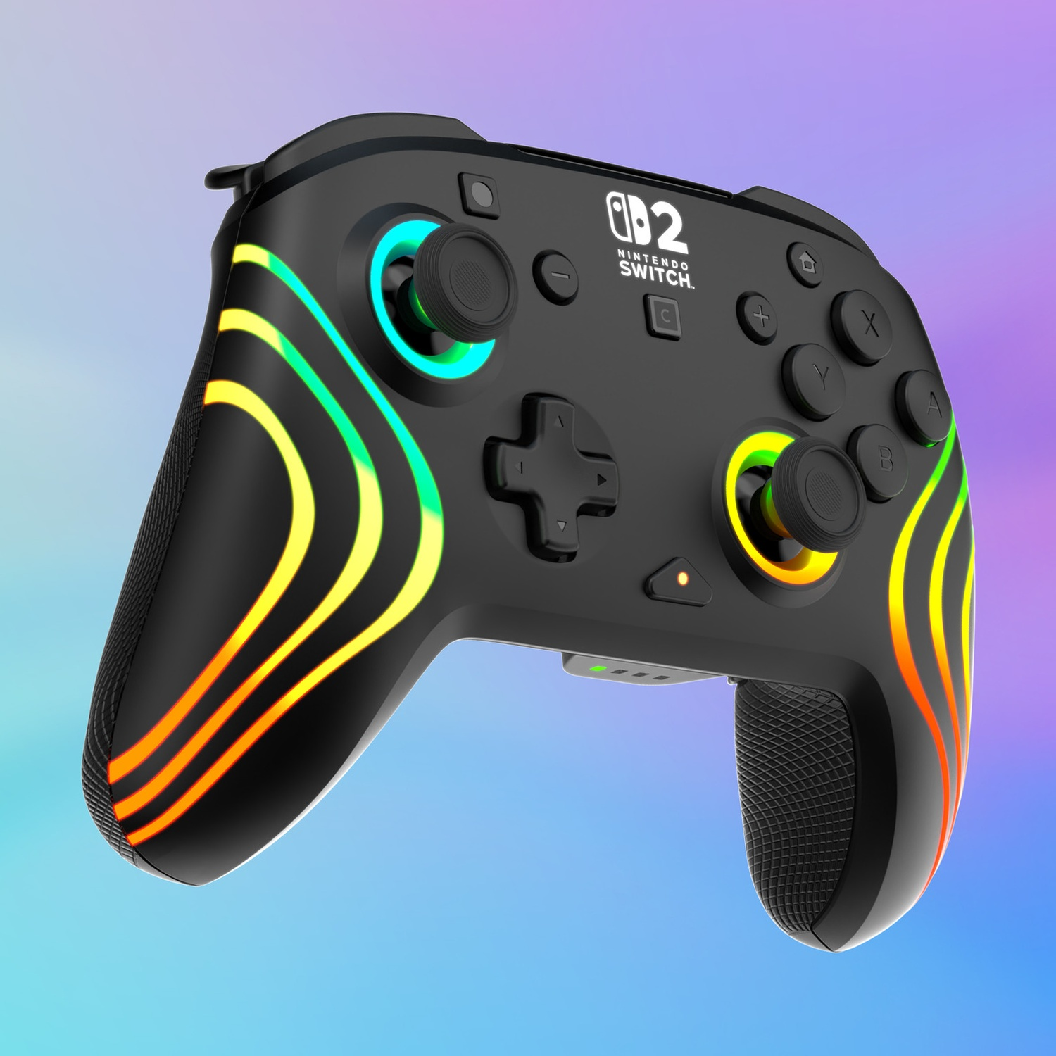 Manette noire Nintendo Switch avec rayures lumineuses colorées et anneaux lumineux.