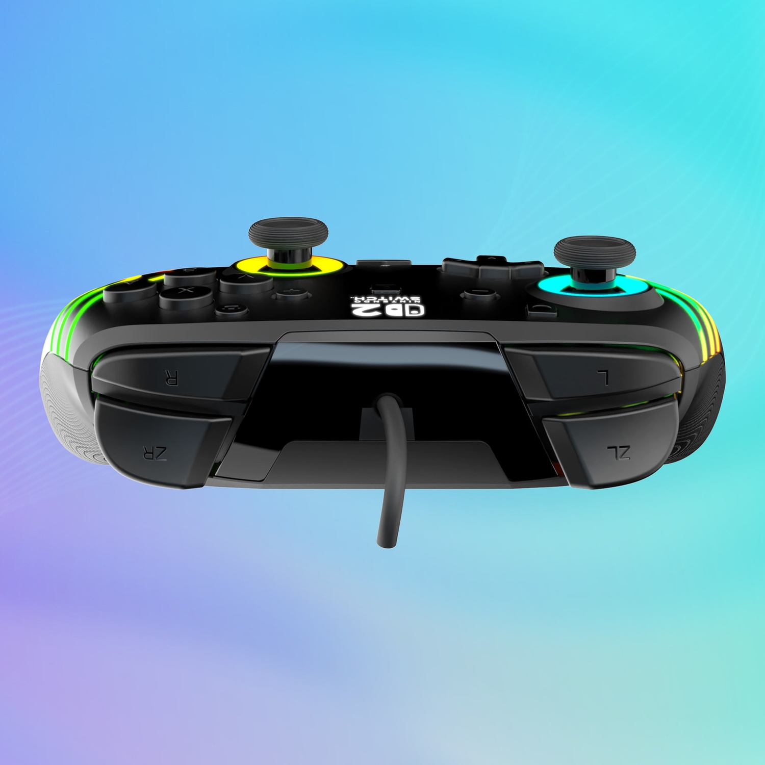Manette noire avec lumières colorées et deux joysticks sur fond bleu-violet.