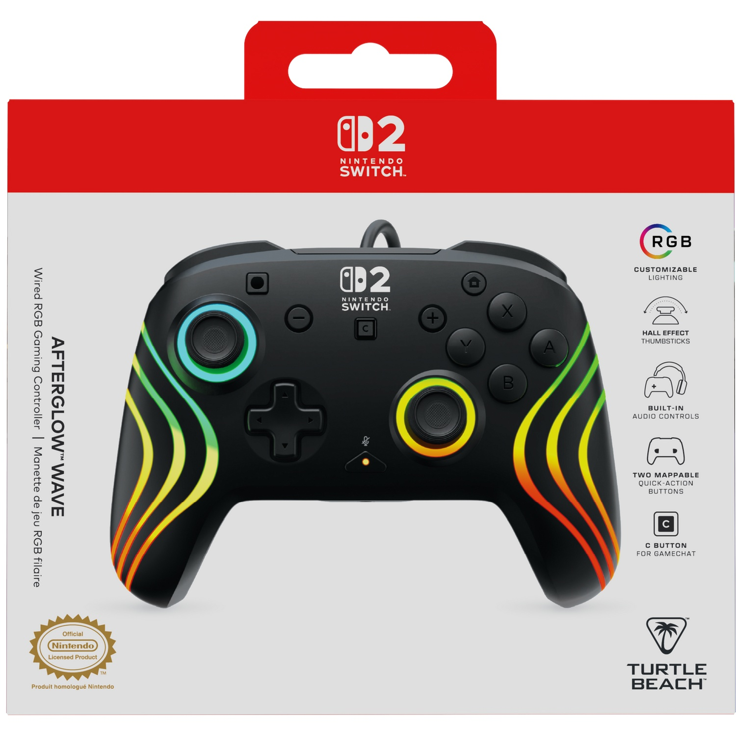 Manette noire Nintendo Switch avec motif ondulé RVB et étiquettes.