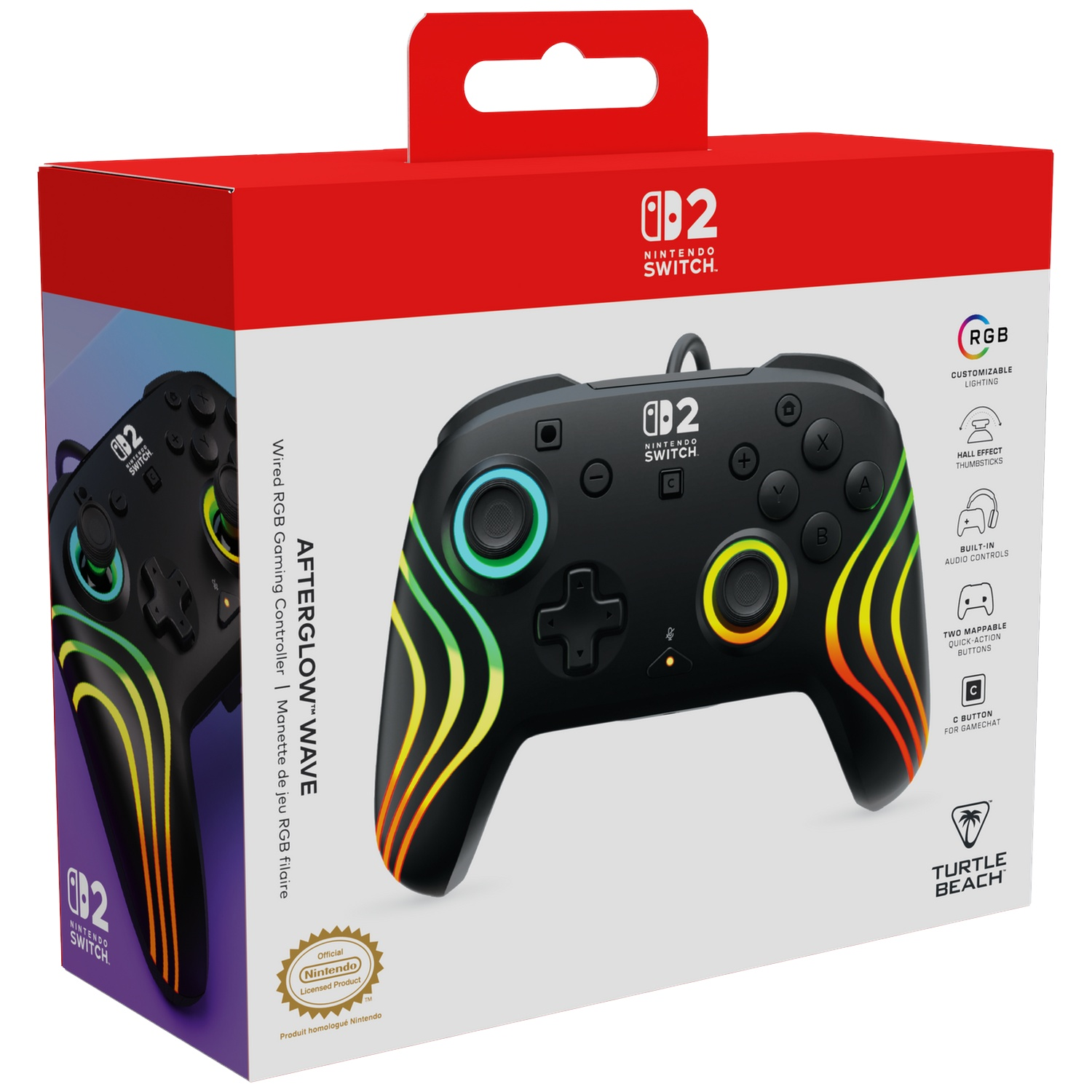 Une manette noire Nintendo Switch avec des vagues RVB colorées, étiquetée "Afterglow Wave".