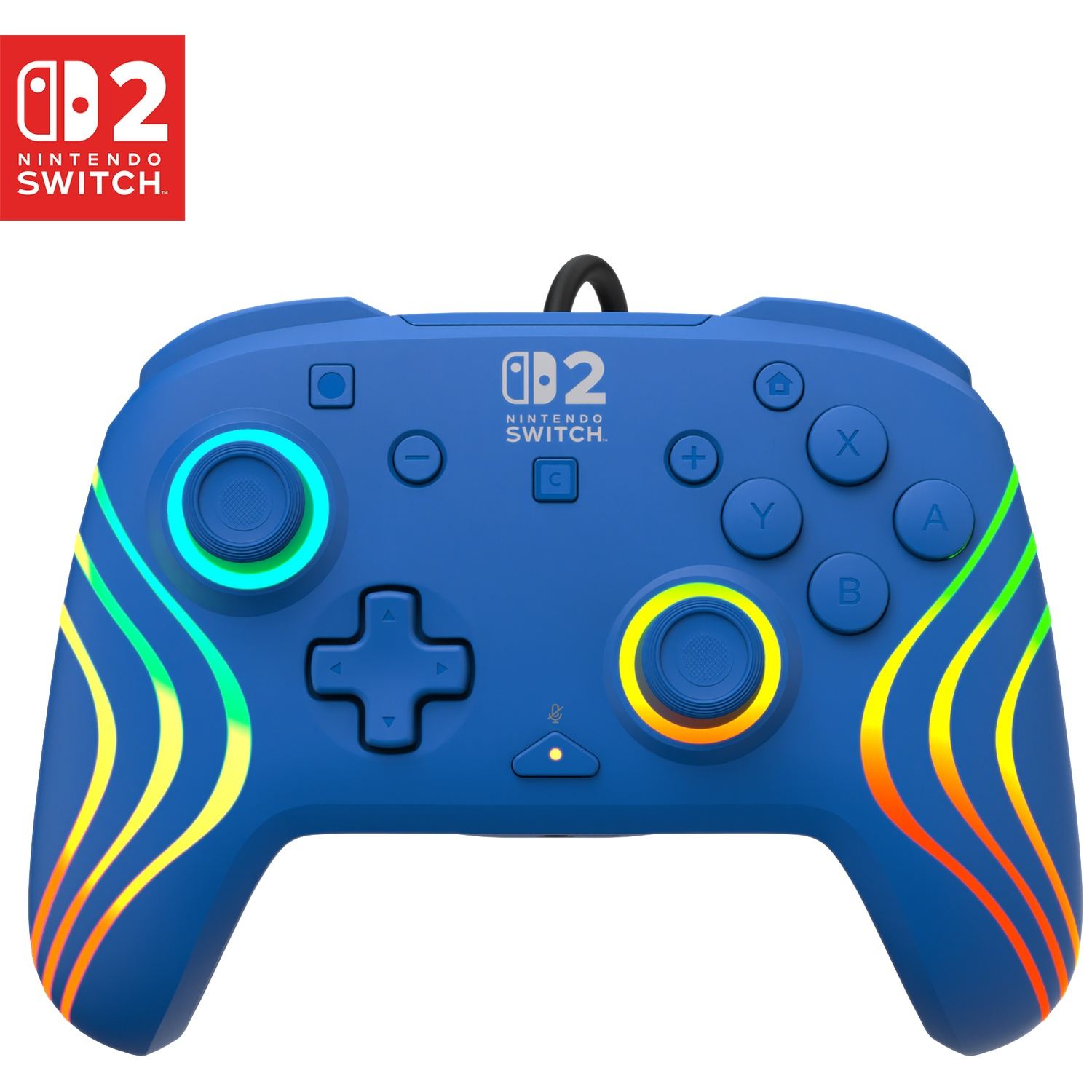 Une manette bleue Nintendo Switch avec des rayures lumineuses.
