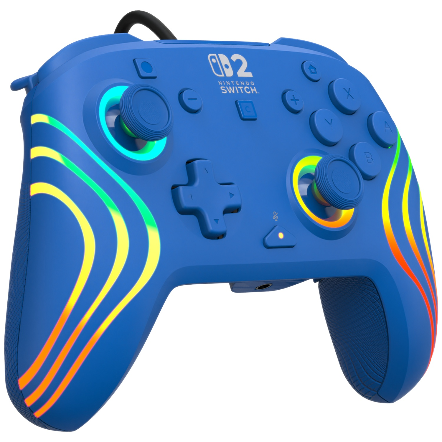Une manette bleue Nintendo Switch avec des bandes lumineuses colorées.