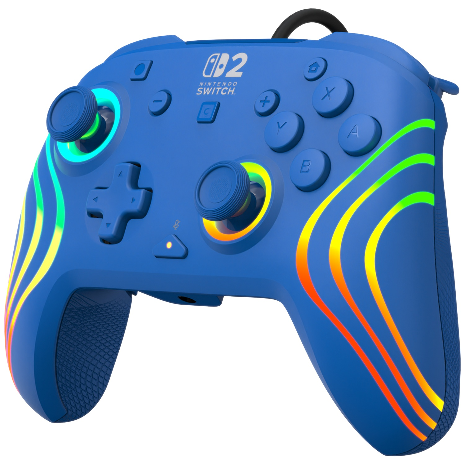 Une manette bleue Nintendo Switch avec des bandes lumineuses colorées et des joysticks éclairés.