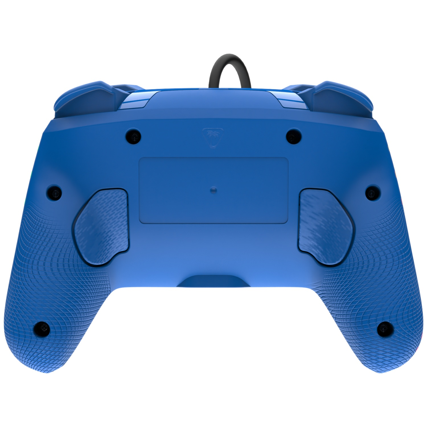 Manette de jeu bleue vue de dos avec câble noir et poignées texturées.