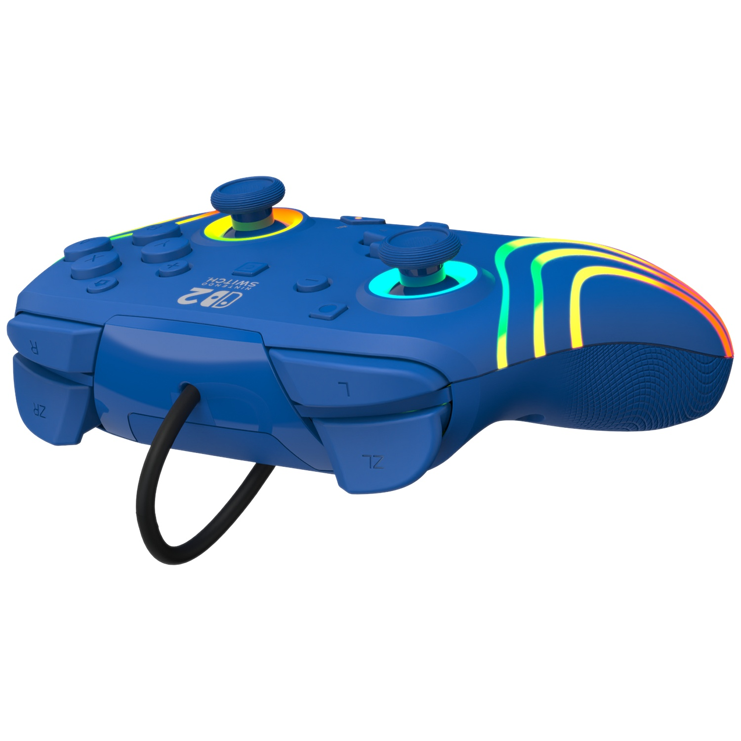 Une manette bleue Nintendo Switch Pro avec lumières colorées et câble noir.