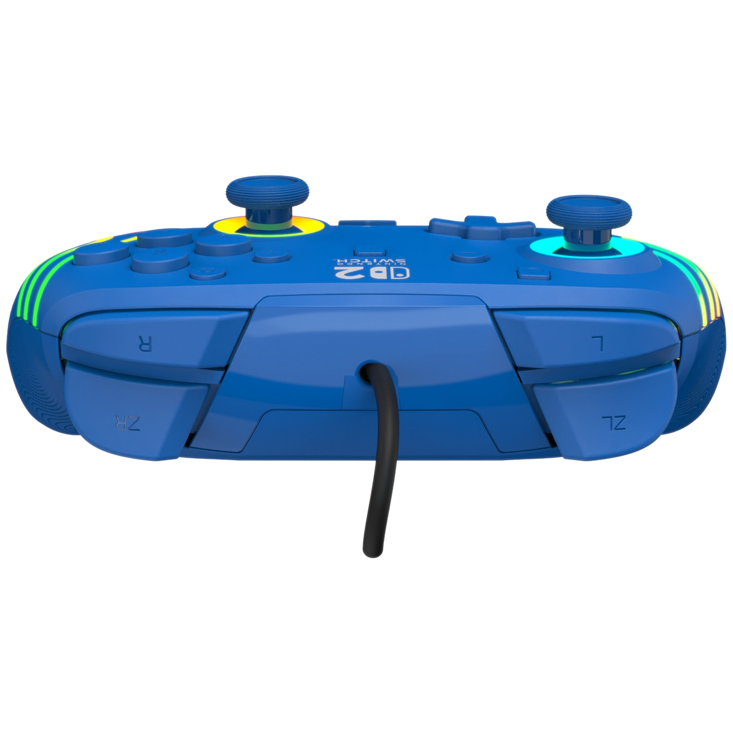 Une manette de jeu bleue avec des lumières jaunes et turquoise et un cordon noir.
