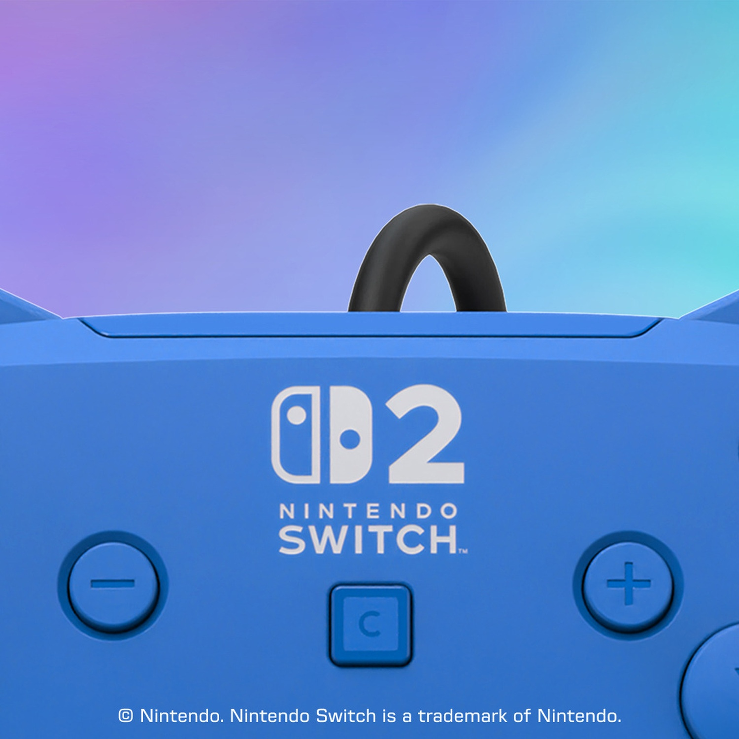 Manette bleue Nintendo Switch avec logo et boutons, fond dégradé violet/vert.