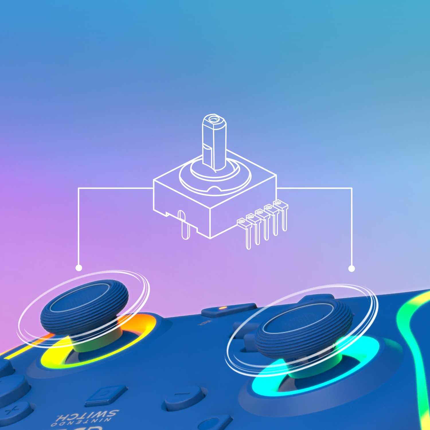 Manette bleue Nintendo Switch avec accents lumineux et diagramme de joystick.