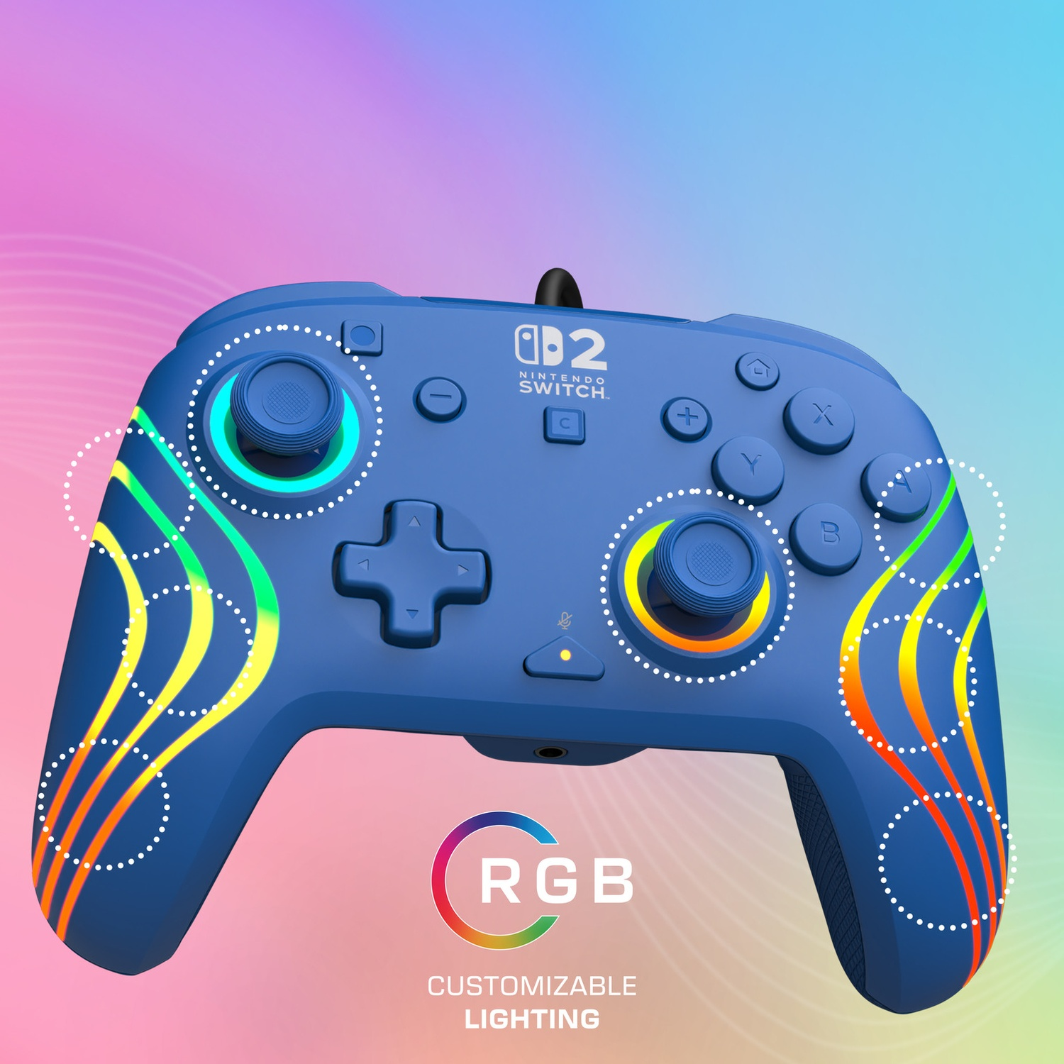 Manette bleue Nintendo Switch avec éclairage RVB et motif ondulé.