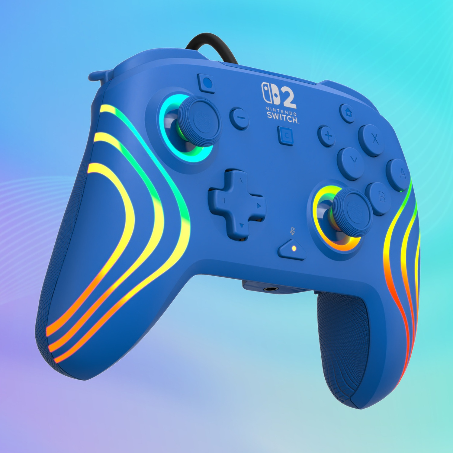 Une manette bleue Nintendo Switch avec des bandes lumineuses colorées et des joysticks éclairés.